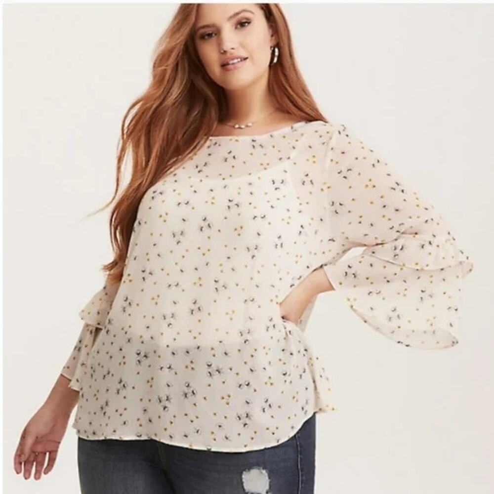 Torrid Ivory Floral Crinkle Chiffon Sheer Ruffled Sleeve Blouse Plus Women's 3